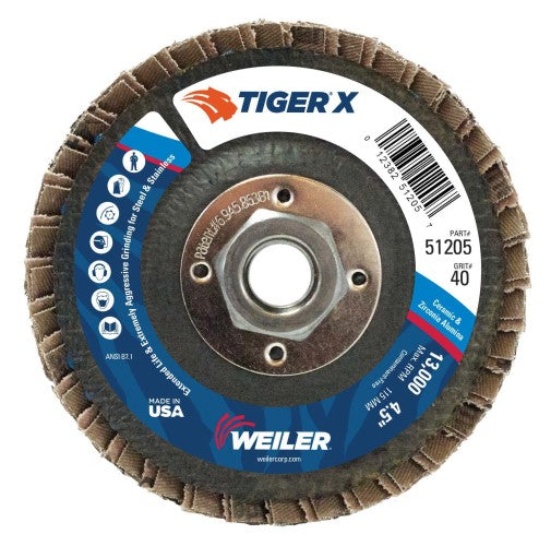 Weiler Tiger X Flap Disc - 4-1/2" Type 29 w/Hub 40 Grit 51205
