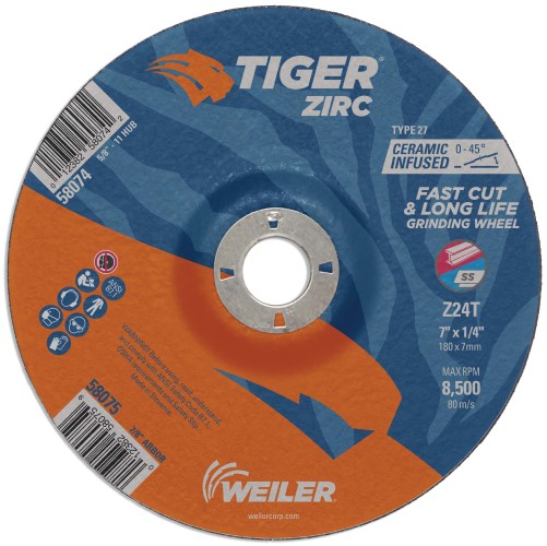 Weiler Tiger Zirc Grinding Wheel - 7" X 1/4" Type 27 58075