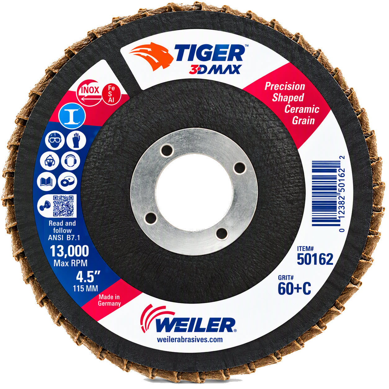 Weiler Tiger 3D MAX Ceramic Flap Disc - 4-1/2" Type 29 7/8 Arbor 60+ Grit 50162