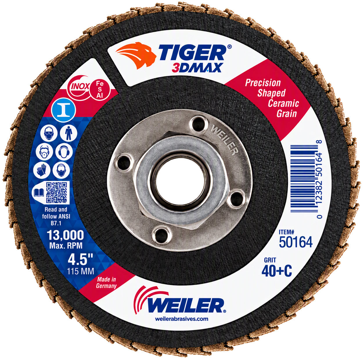 Weiler Tiger 3D MAX Ceramic Flap Disc - 4-1/2" Type 29 5/8"-11 Nut 40+ Grit 50164