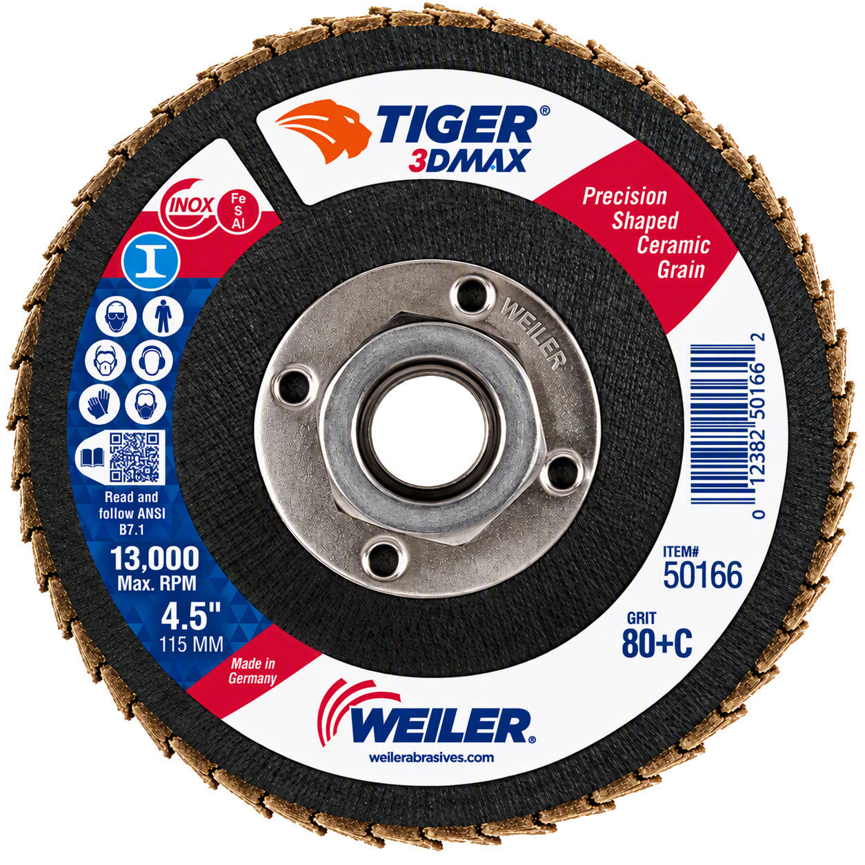 Weiler Tiger 3D MAX Ceramic Flap Disc - 4-1/2" Type 29 5/8"-11 Nut 80+ Grit 50166
