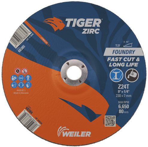 Weiler Tiger Zirc Grinding Wheel - 9" X 1/4" Type 27 68384