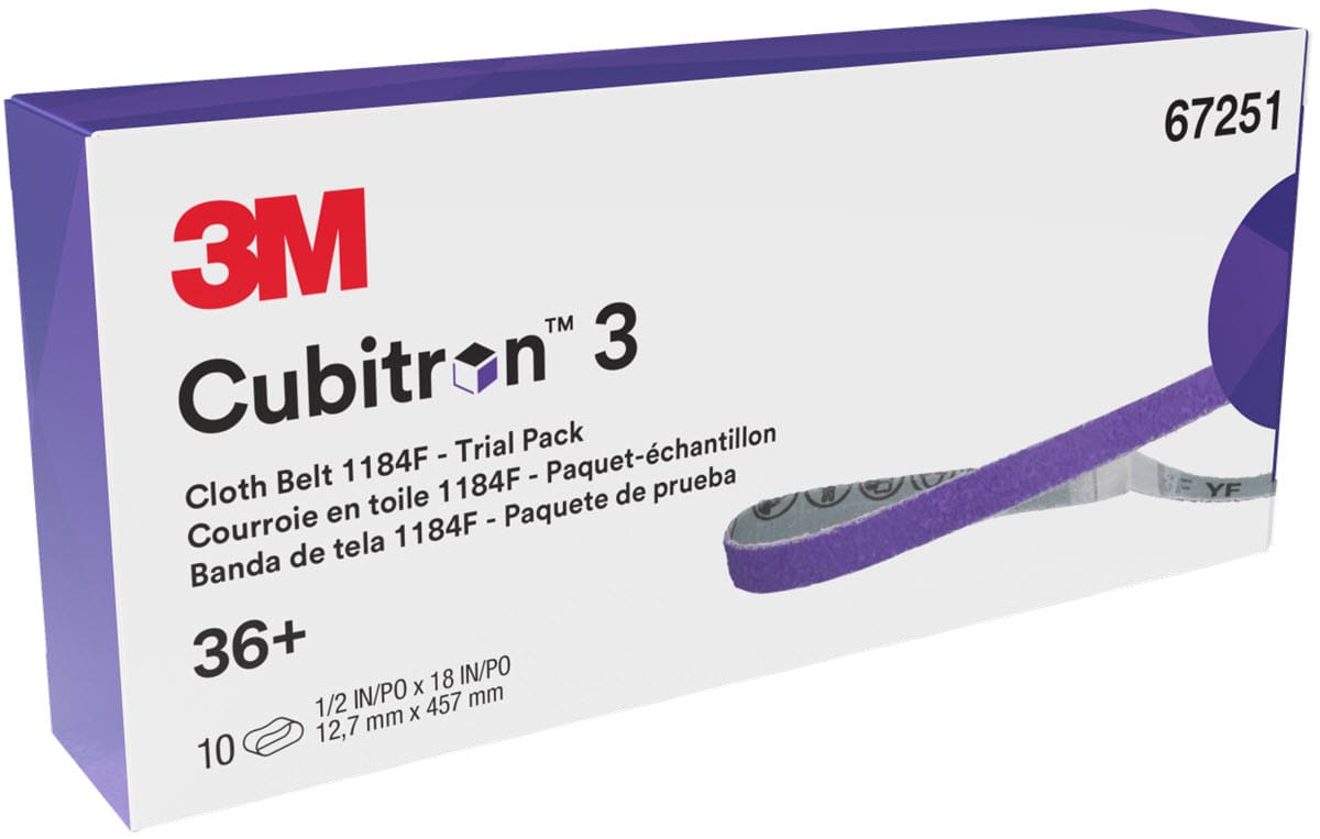3M Abrasives 36+ Grit 3M Cubitron™ 3 Cloth Belt 1184F 1/2" x 18" - YF Weight Fabri-Lok Single-Flex - Trial Pack