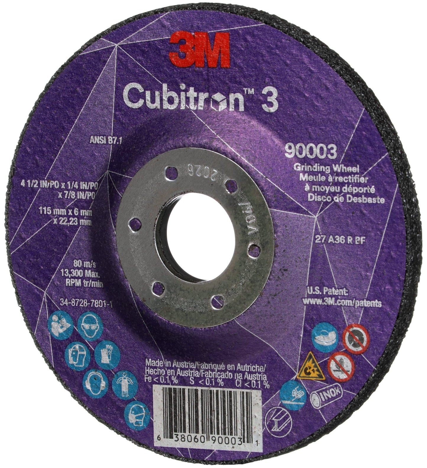 3M Abrasives 3M Cubitron 3 Depressed Center Grinding Wheel - 4 1/2" X 1/4"  X 7/8" Type 27 90003