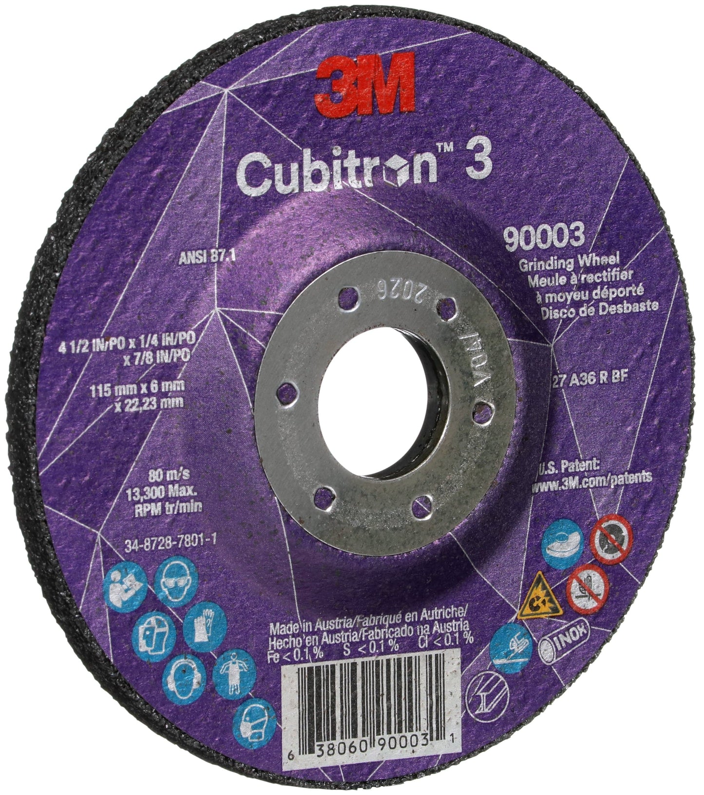 3M Abrasives 3M Cubitron 3 Depressed Center Grinding Wheel - 4 1/2" X 1/4"  X 7/8" Type 27 90003