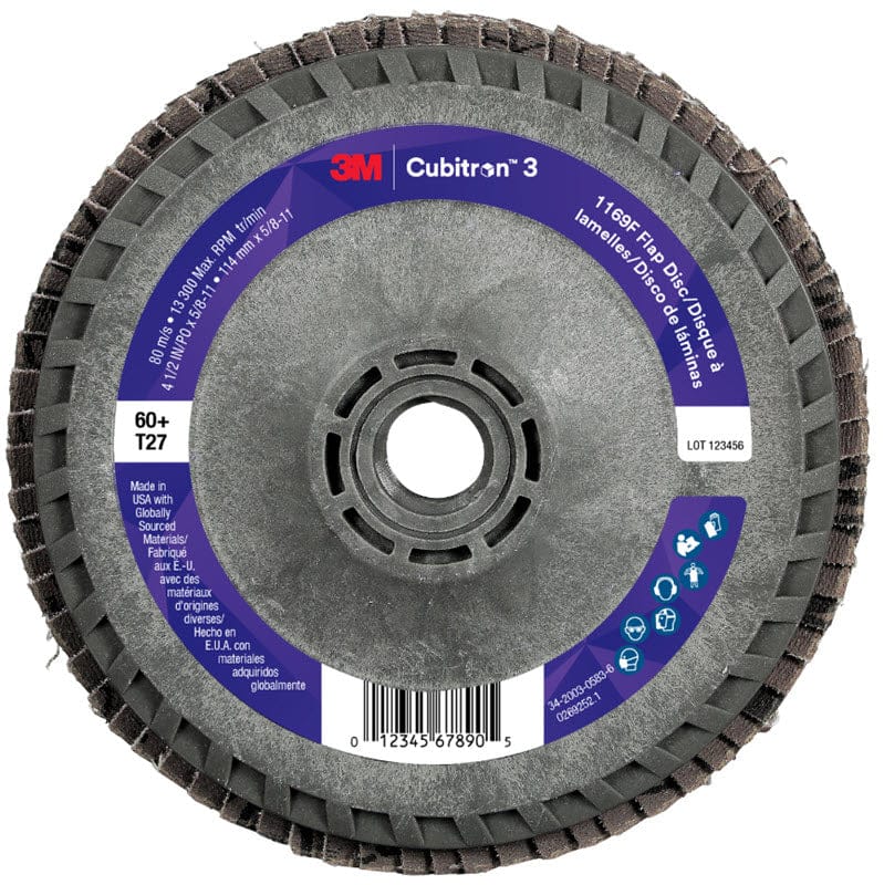 3M Abrasives 3M Cubitron 3 Flap Disc 1169F 4 1/2" x 5/8"-11 Type 27 Grade 60+ 7100380307