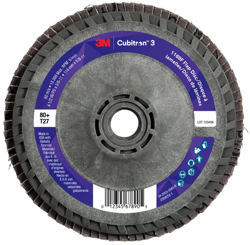 3M Abrasives 3M Cubitron 3 Flap Disc 1169F 4 1/2" x 5/8"-11 Type 27 Grade 80+ 7100380300