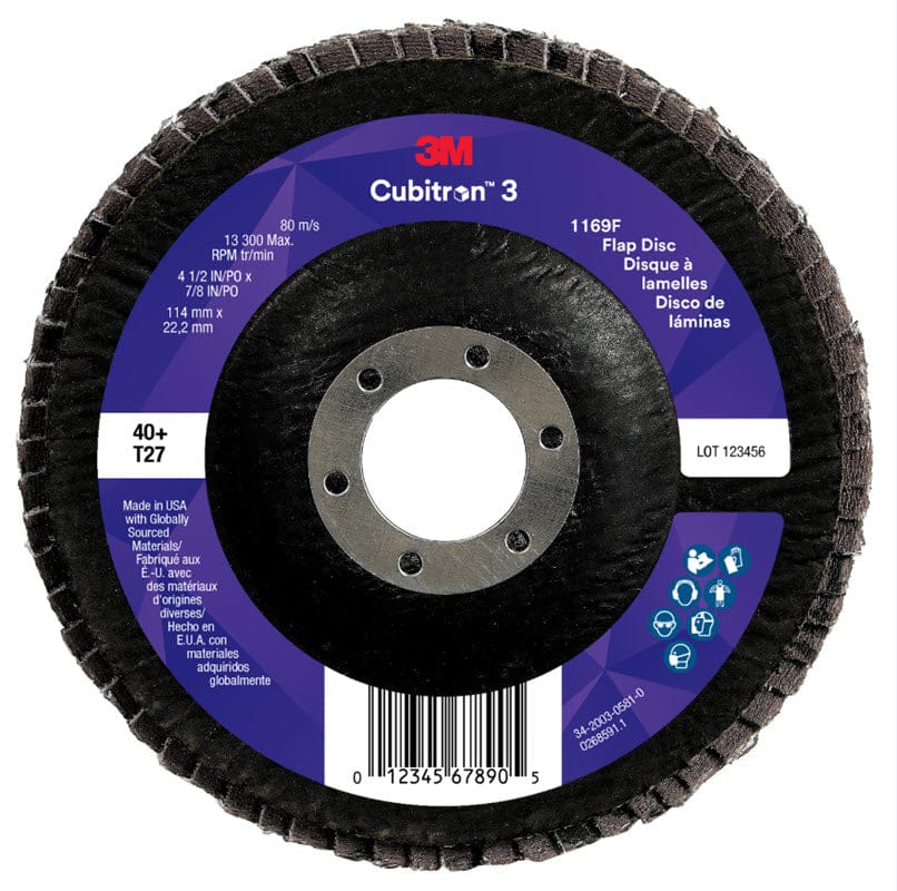 3M Abrasives 3M Cubitron 3 Flap Disc 1169F 4 1/2" x 7/8" Type 27 Grade 40+ 7100380474