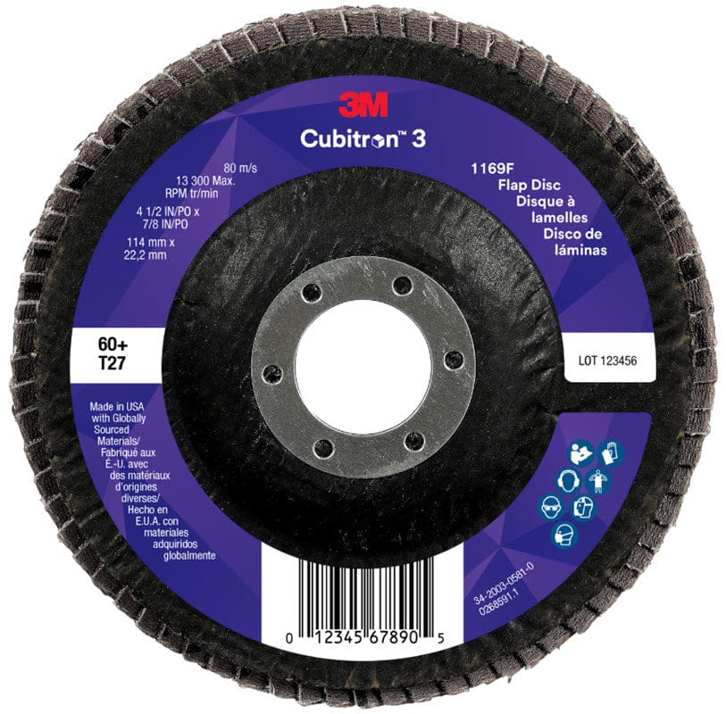3M Cubitron 3 Flap Disc 1169F 4 1/2" x 7/8" Type 27 Grade 60+ 7100380348