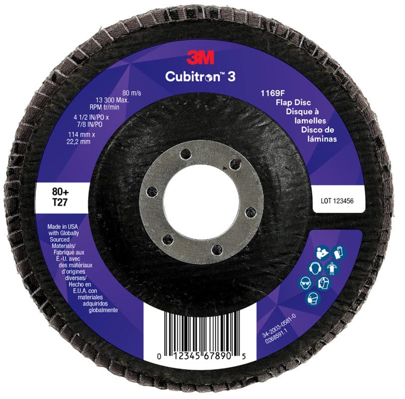 3M Abrasives 3M Cubitron 3 Flap Disc 1169F 4 1/2" x 7/8" Type 27 Grade 80+ 7100380218