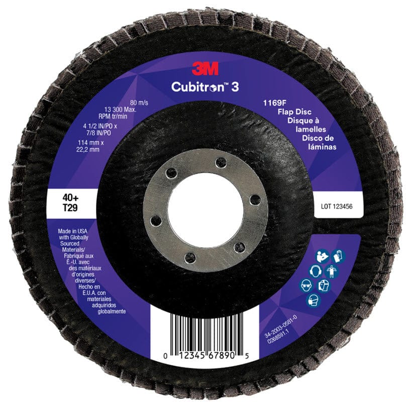 3M Abrasives 3M Cubitron 3 Flap Disc 1169F 4 1/2" x 7/8" Type 29 Grade 40+ 7100380484