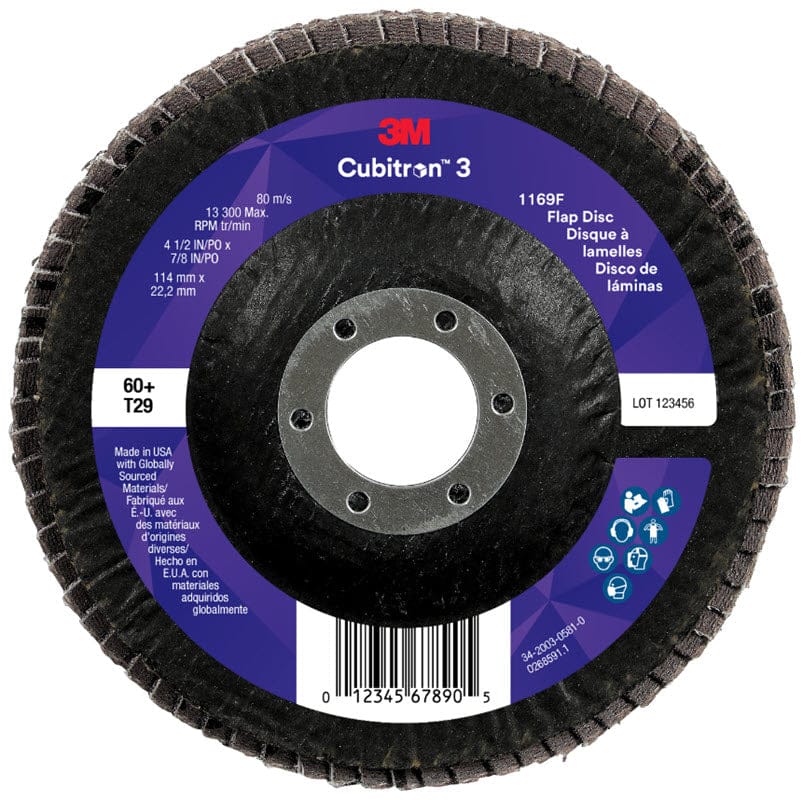 3M Abrasives 3M Cubitron 3 Flap Disc 1169F 4 1/2" x 7/8" Type 29 Grade 60+ 7100380209