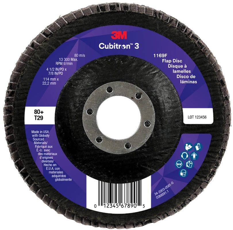 3M Abrasives 3M Cubitron 3 Flap Disc 1169F 4 1/2" x 7/8" Type 29 Grade 80+ 7100380288