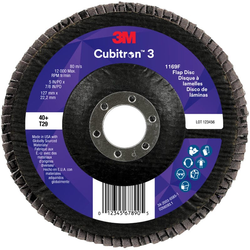 3M Abrasives 3M Cubitron 3 Flap Disc 1169F 5" x 7/8" Type 29 Grade 40+ 7100380494