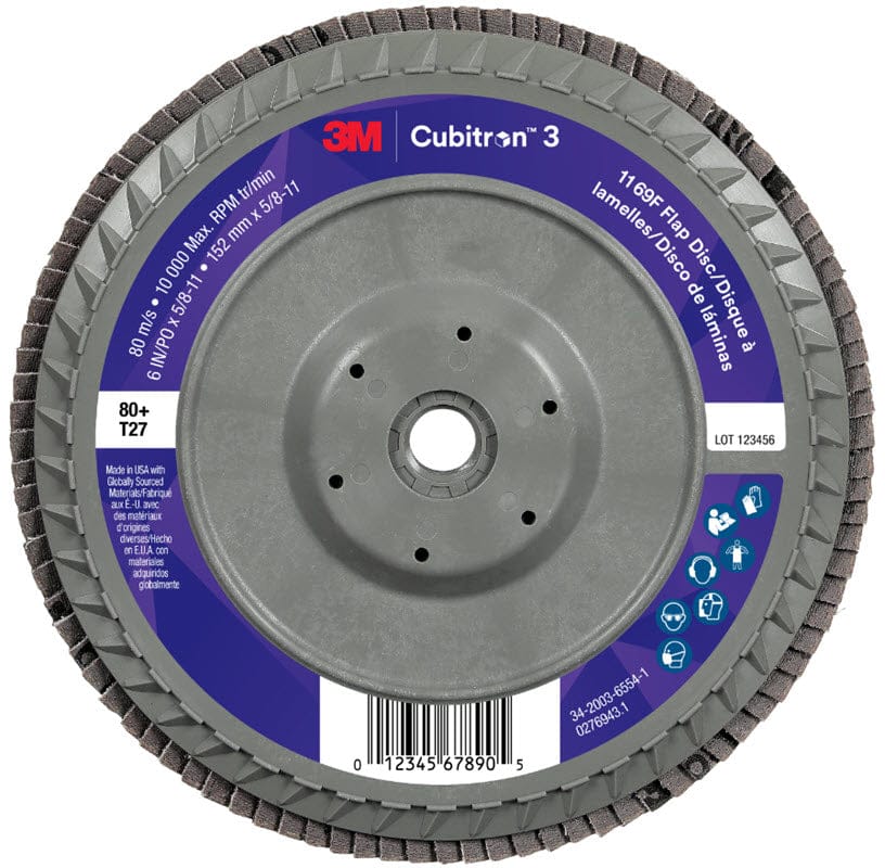 3M Abrasives 3M Cubitron 3 Flap Disc 1169F 6" x 5/8"-11 Type 27 Grade 80+ 7100380338