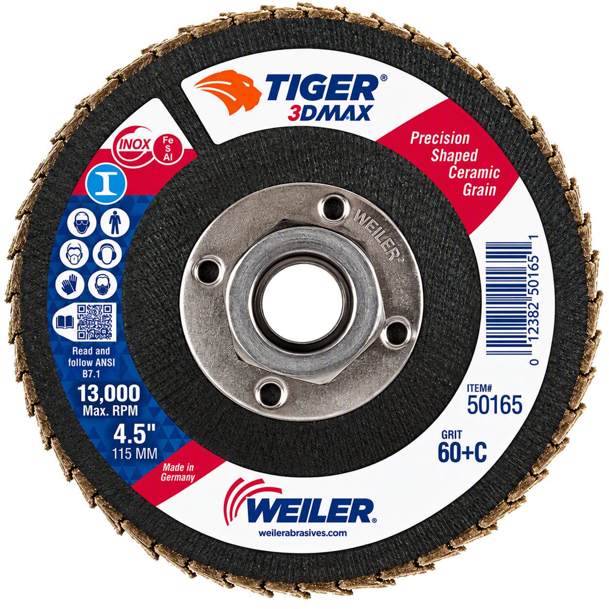 Weiler Tiger 3D MAX Ceramic Flap Disc - 4-1/2" Type 29 5/8"-11 Nut 60+ Grit 50165