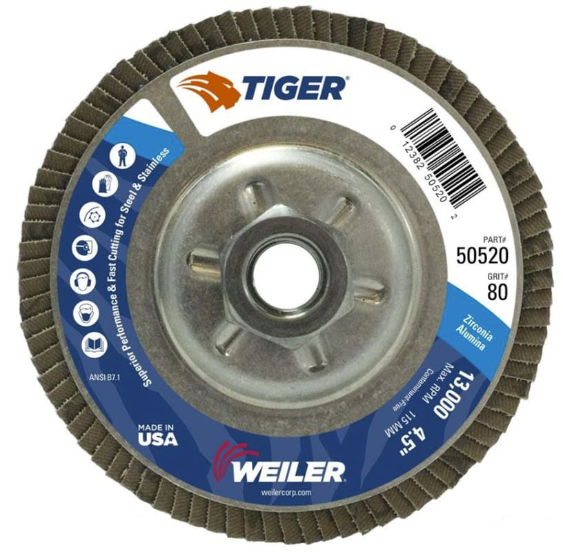 Weiler Abrasives Weiler Tiger Aluminum Back Flap Disc- 4 1/2" Type 29 w/Hub 80 Grit 50520