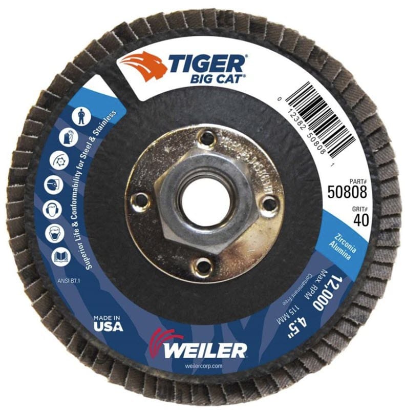 Weiler Abrasives Weiler Tiger Big Cat Flap Disc - 4 1/2" Type 27 w/Hub 40 Grit 50808
