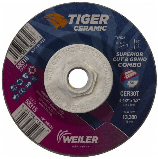 Weiler Tiger Ceramic Cut/Grind Wheel - 4 1/2" X 1/8" Type 27 58316