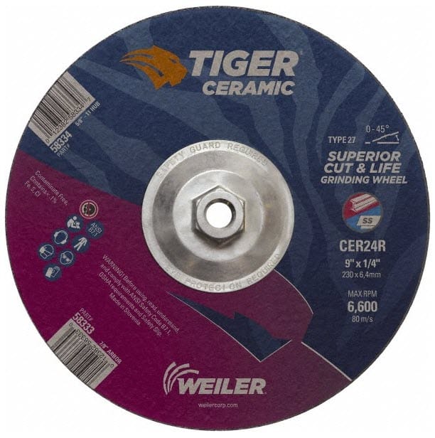Weiler Abrasives Weiler Tiger Ceramic Grinding Wheel w/Hub - 9" X 1/4" Type 27 58334