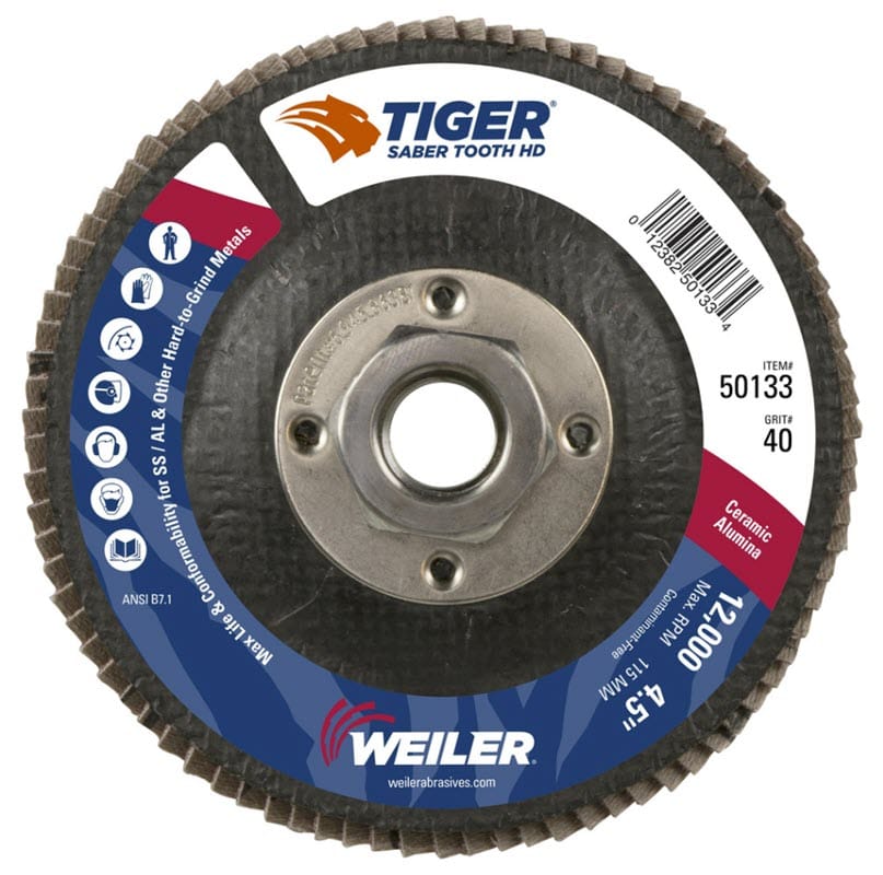 Weiler Tiger Ceramic HD Flap Disc - 4 1/2" Type 27 w/Hub 40 Grit 50133