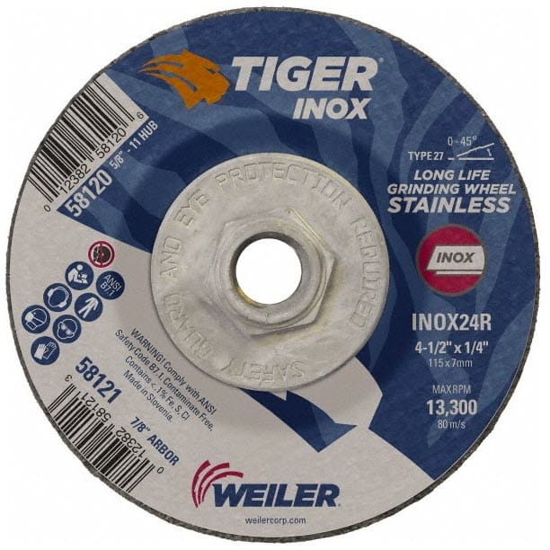 Weiler Abrasives Weiler Tiger Inox Grinding Wheel w/Hub - 4 1/2" X 1/4" Type 27 58120