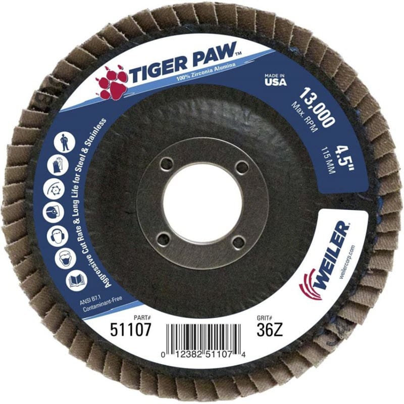 Weiler Abrasives Weiler Tiger Paw Flap Disc - 4 1/2" Type 27 7/8 Arbor 36 Grit 51107