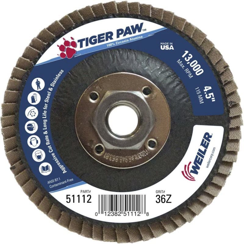 Weiler Abrasives Weiler Tiger Paw Flap Disc - 4 1/2" Type 27 w/Hub 36 Grit 51112