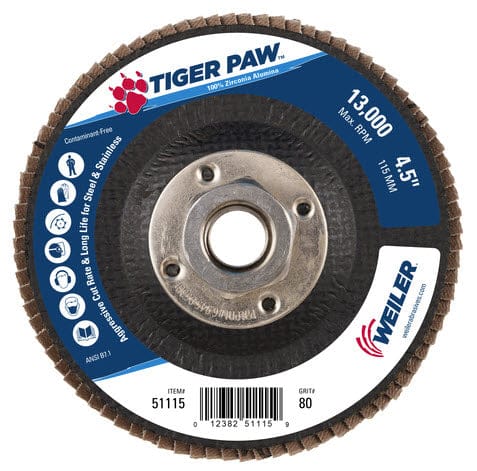 Weiler Abrasives Weiler Tiger Paw Flap Disc - 4 1/2" Type 27 w/Hub 80 Grit 51115