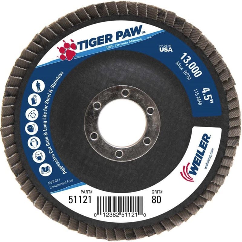 Weiler Tiger Paw Flap Disc - 4 1/2" Type 29 7/8 Arbor 80 Grit 51121