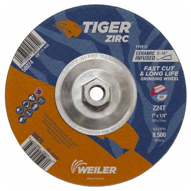 Weiler Abrasives Weiler Tiger Zirc Grinding Wheel w/Hub - 7" X 1/4" Type 27 58074