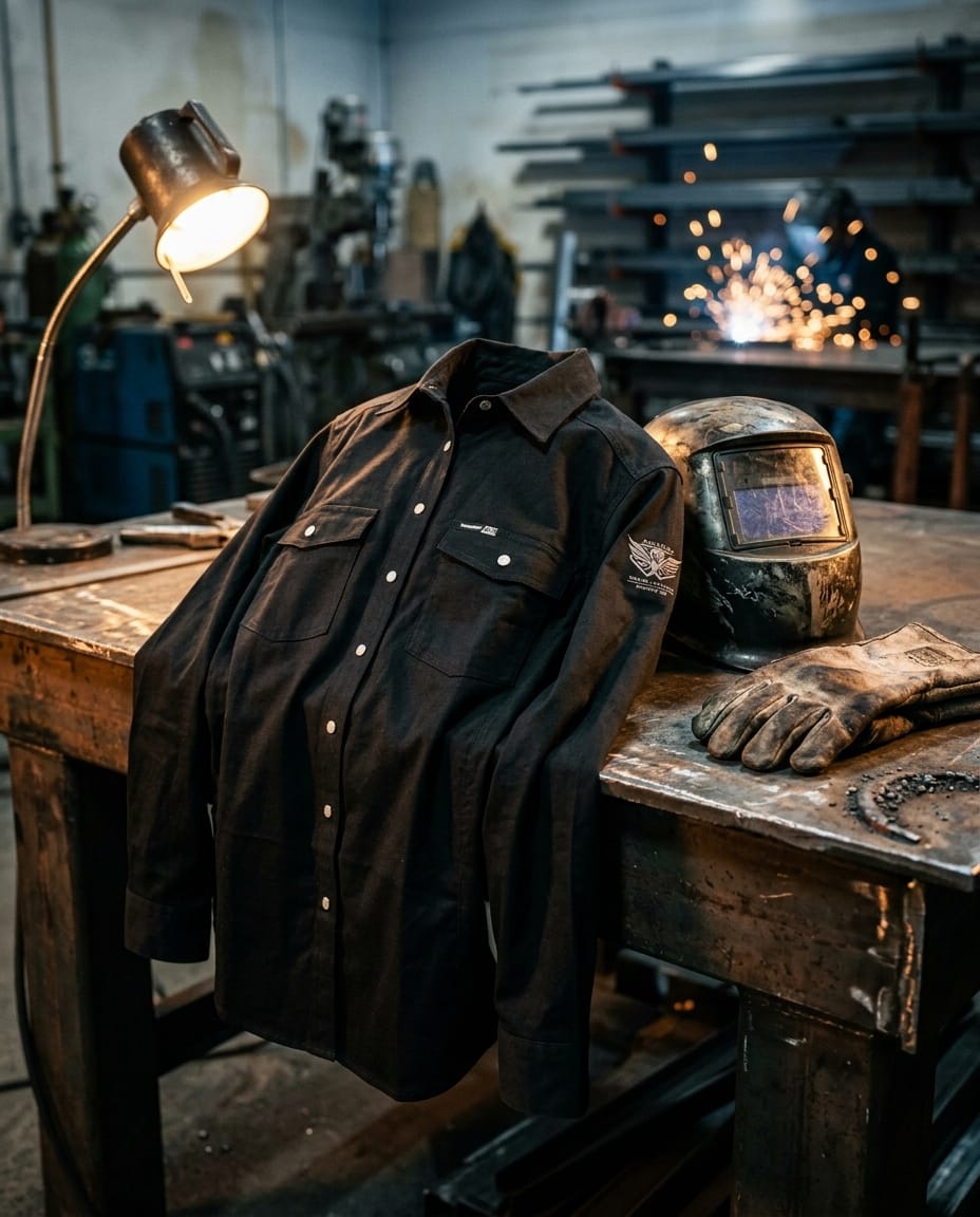 Black Stallion flame resistant work shirt with welding helmet and gloves on a metal workbench