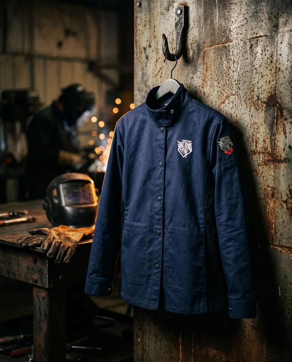 Black Stallion navy blue welding jacket hanging on a metal hook in a workshop