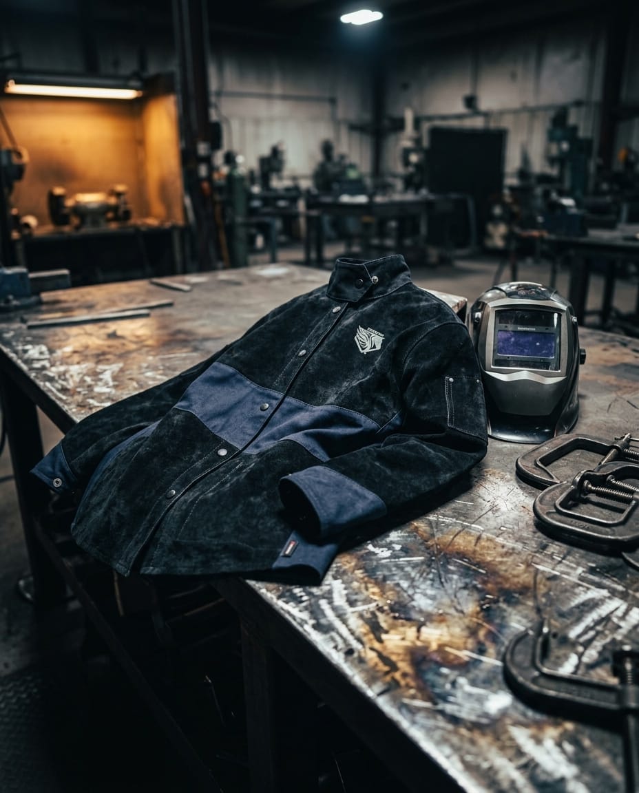 Black Stallion leather welding jacket and welding helmet on a metal workbench