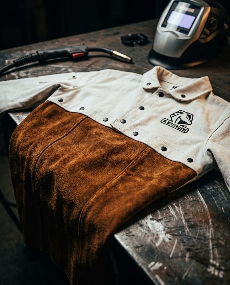 Black Stallion welding jacket with tan canvas top and brown leather bottom on a metal workbench