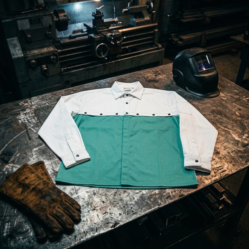 Black Stallion two tone welding shirt with white sleeves and green torso on a metal workbench with welding gear