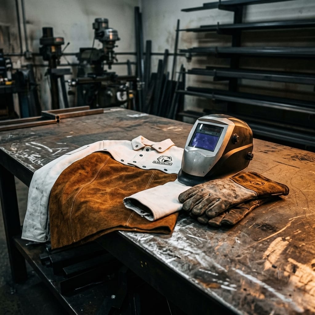 Black Stallion welding jacket helmet and gloves on a metal workbench