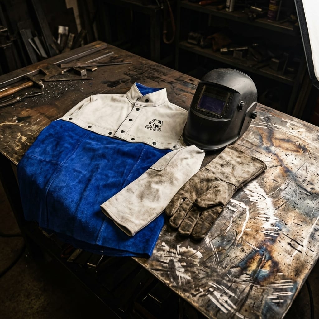 Black Stallion welding jacket helmet and leather gloves on a metal workbench