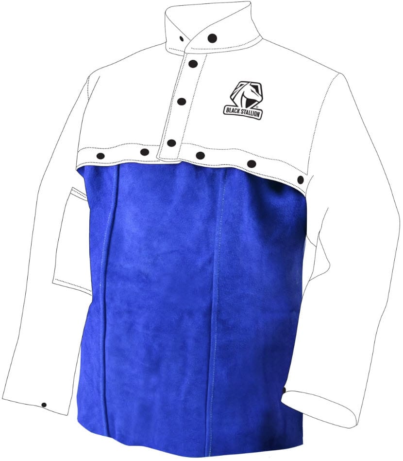 Black Stallion blue and white leather welding jacket with snap buttons
