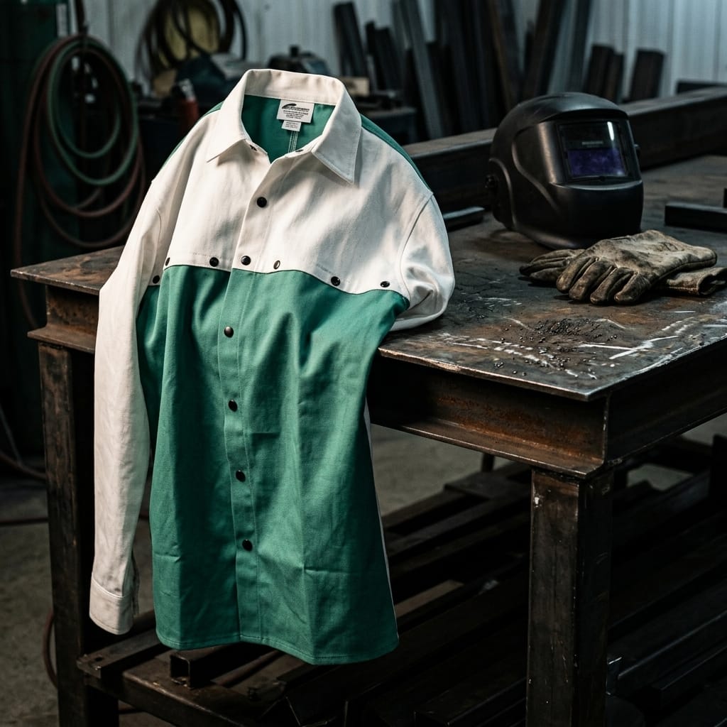 Black Stallion white and green welding shirt on a metal workbench with a welding helmet and gloves