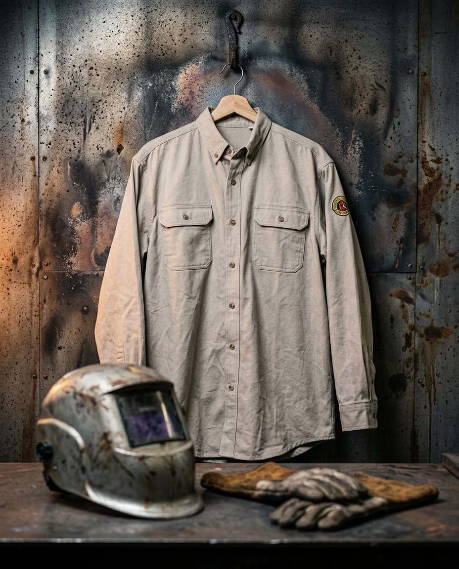 Black Stallion tan long sleeve button down work shirt hanging in front of a welding helmet and gloves