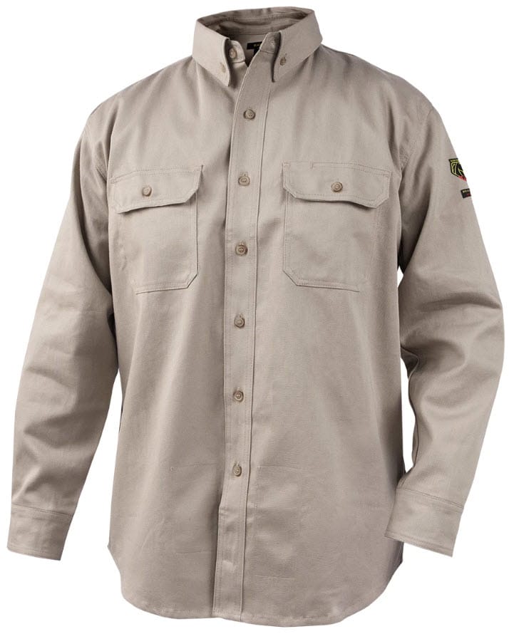 Black Stallion tan long sleeve button down work shirt with two chest pockets