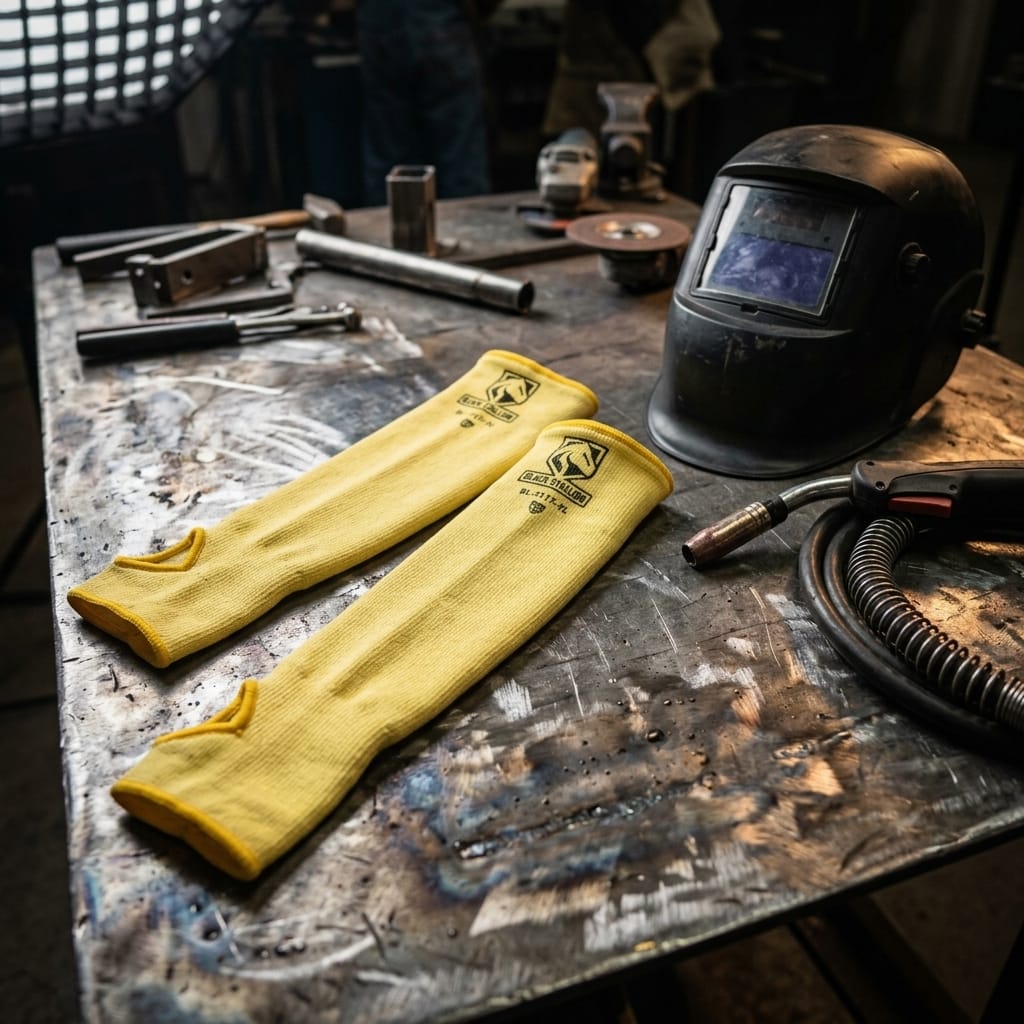 Black Stallion yellow protective arm sleeves on a metal workbench with welding equipment