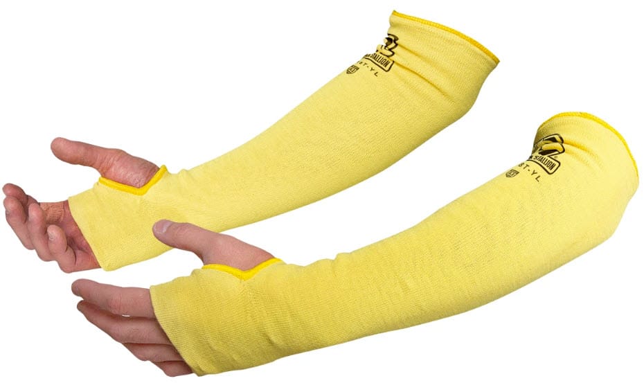 Black Stallion yellow knit protective arm sleeves with thumb holes