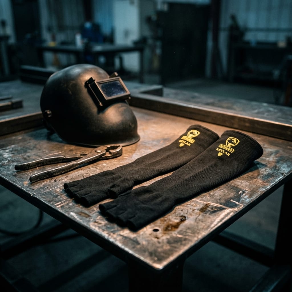 Black Stallion Kevlar arm sleeves with welding helmet and pliers on a metal workbench