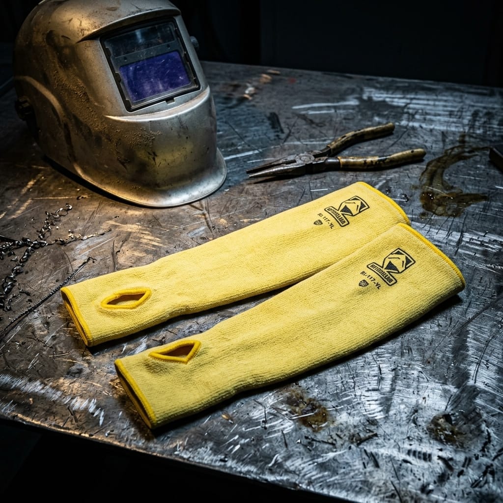 Black Stallion yellow protective arm sleeves with thumb holes on a metal workbench with welding gear