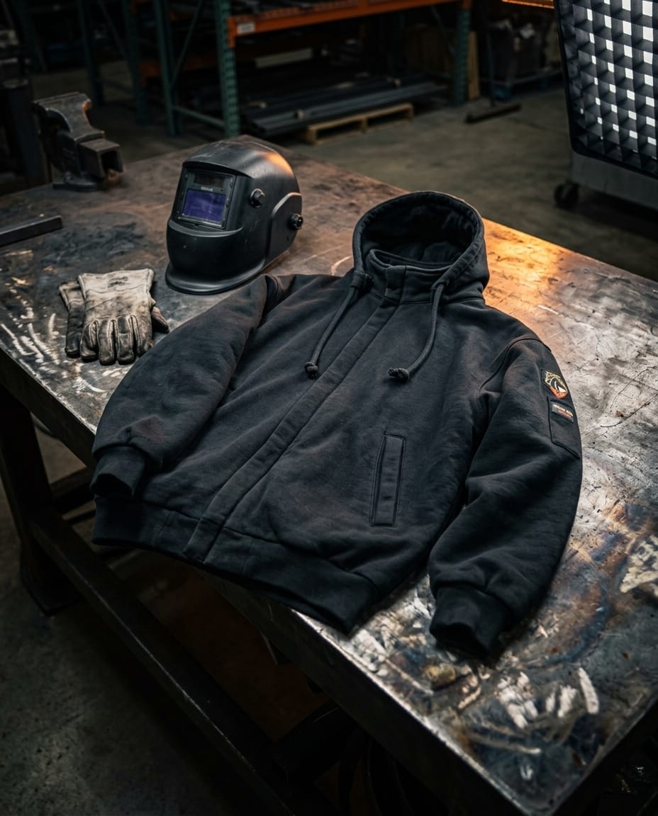 Black Stallion black hooded work jacket with welding helmet and gloves on a metal workbench
