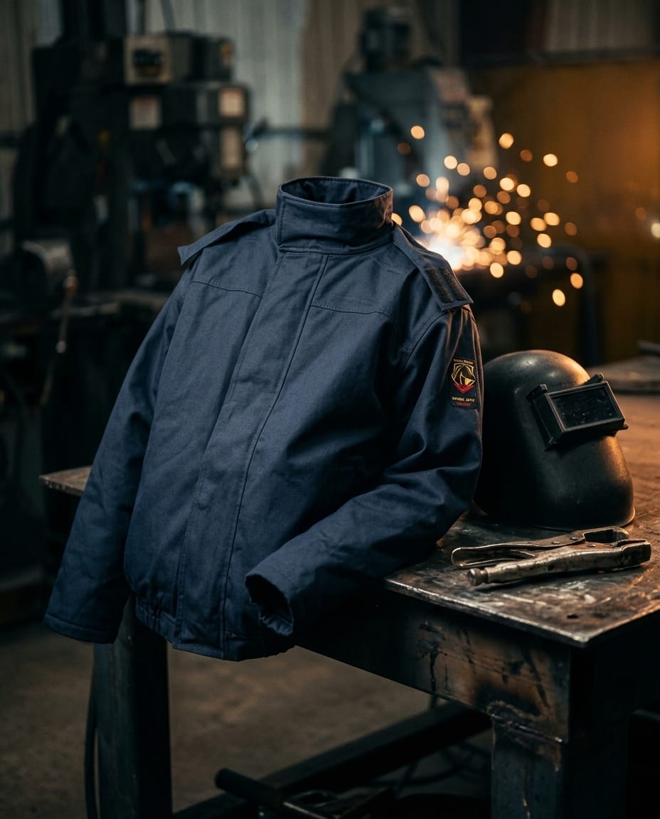 Black Stallion navy blue welding jacket on a workbench with a welding helmet and pliers