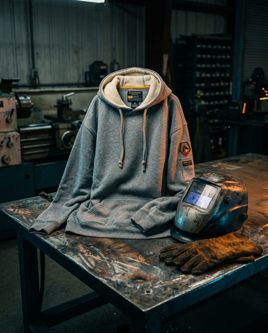 Black Stallion grey hooded sweatshirt with cream lining on a metal workbench with a welding helmet and gloves