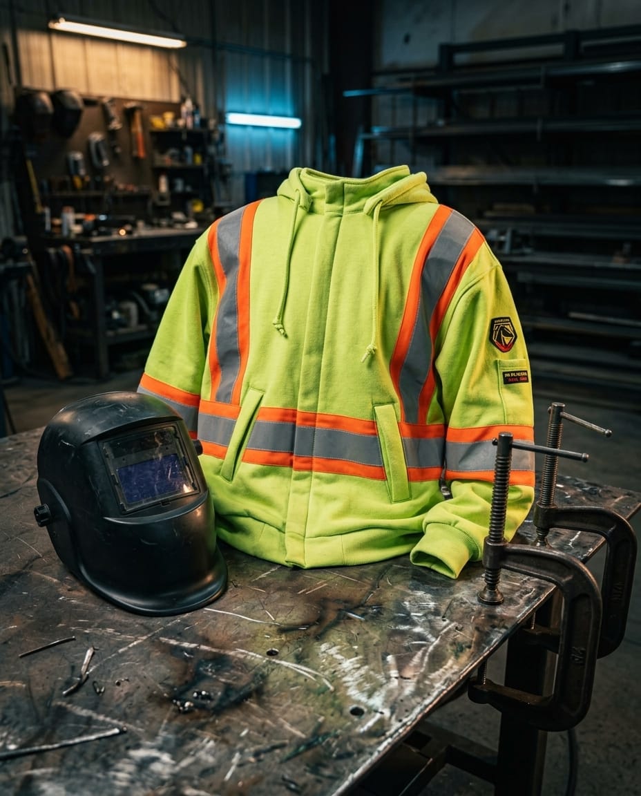 Black Stallion high visibility hooded sweatshirt with reflective stripes on a metal workbench with a welding helmet